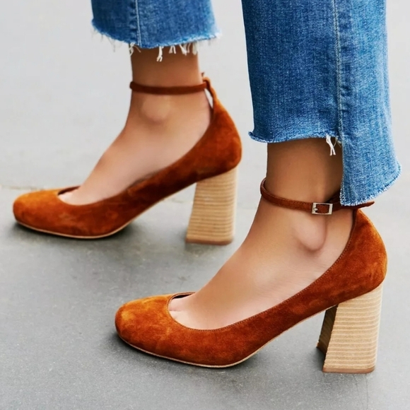 Jeffrey Campbell x Free People Delta Rust Suede Block Wood Heel Ankle Strap Boho - Picture 3 of 13